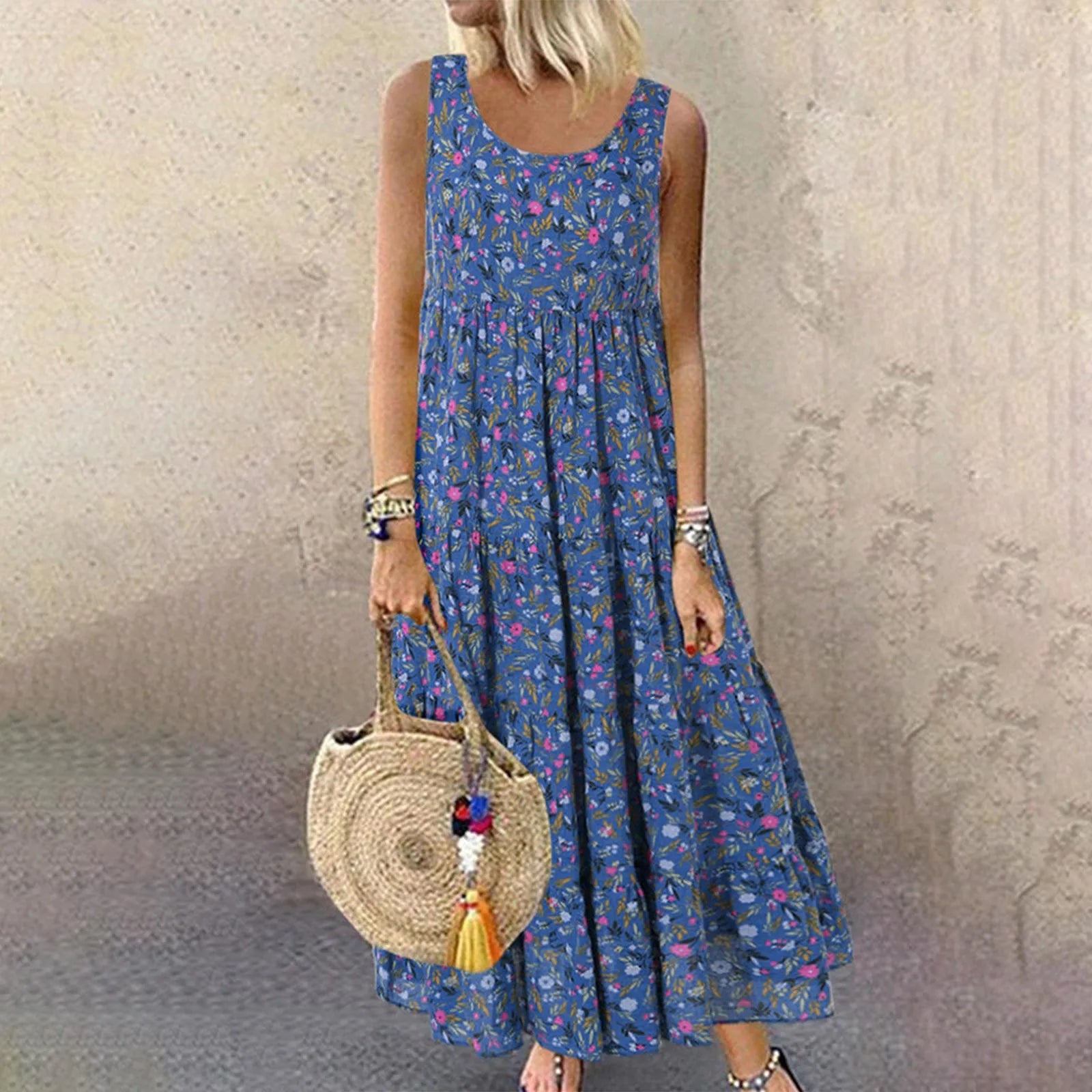 Sleeveless Floral Maxi Tank Dress with Relaxed Vintage-Inspired Silhouette