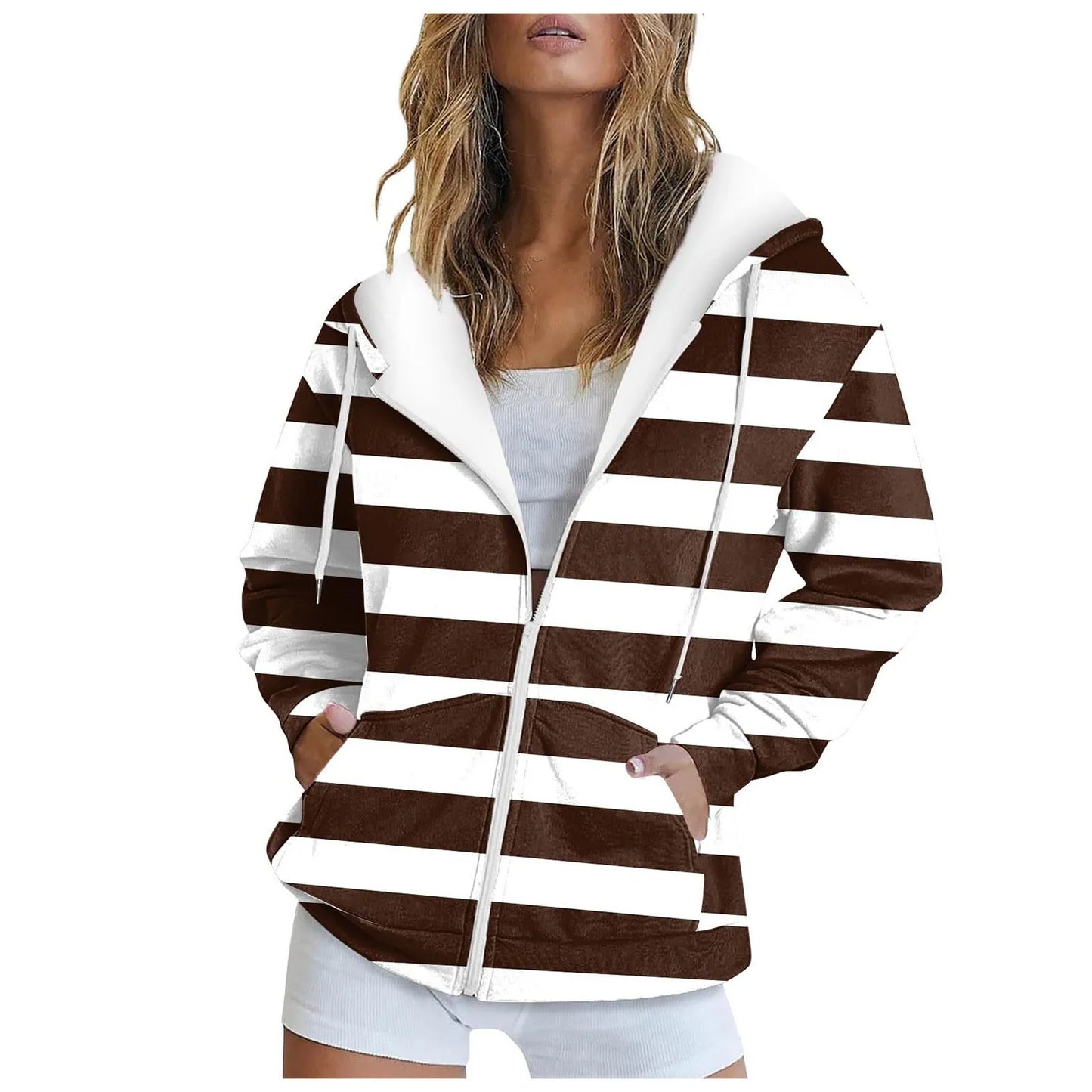 Classic Striped Zip-Up Hooded Sweatshirt with Relaxed Fit for Casual Everyday Streetwear