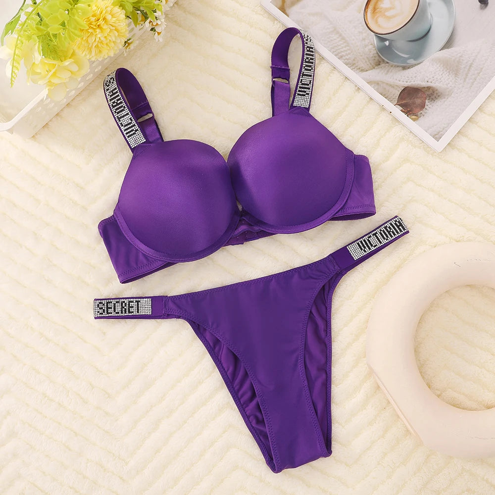 Rhinestone Statement Strap Push-Up Bra and Matching Minimalist Thong Set