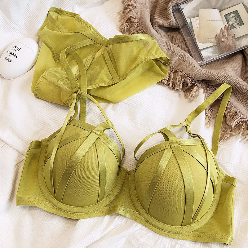 Chartreuse Strappy Cutout Underwire Bra and Sheer Mesh Panty Set