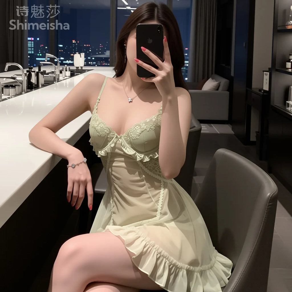 Ethereal Pale Green Sheer Mesh Babydoll with Ruffled Skirt and Gathered Bust