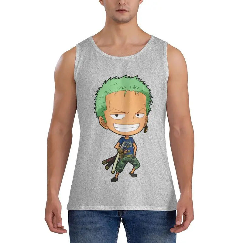 Kawaii Anime-Inspired Cotton Sleeveless Tank Top with Chibi Adventure Character Graphic Design