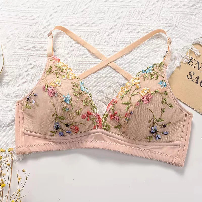 Colorful Floral Embroidery Longline Corset Bra and Panty Set