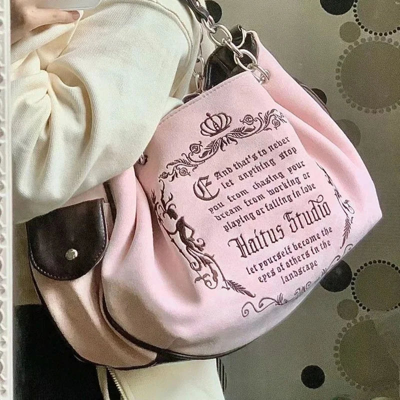 Vintage Inspired Graphic Tote Bag with Chain Accents Large Capacity Design