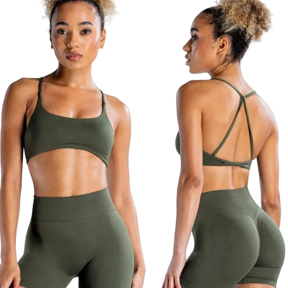 Olive Green Strappy Open-Back Sports Bra with Scoop Neckline