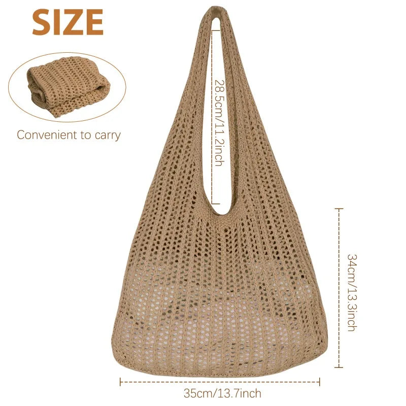 Minimalist Crochet Mesh Hobo Tote Bag for Beach Vacation and Everyday Wear