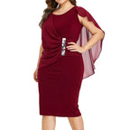 Elegant Burgundy Sheath Dress with Asymmetrical Chiffon-Style Overlay and Ruched Detailing