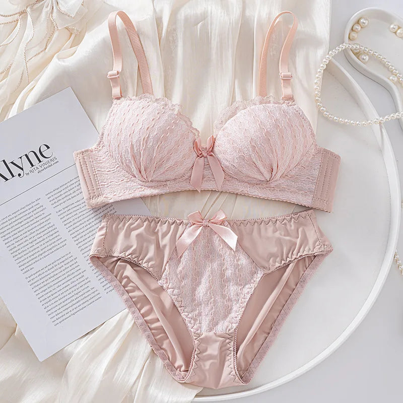 Playful Gingham Check and White Wire-Free Bra Set with Ruffled Lace Trim