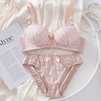 Playful Gingham Check and White Wire-Free Bra Set with Ruffled Lace Trim