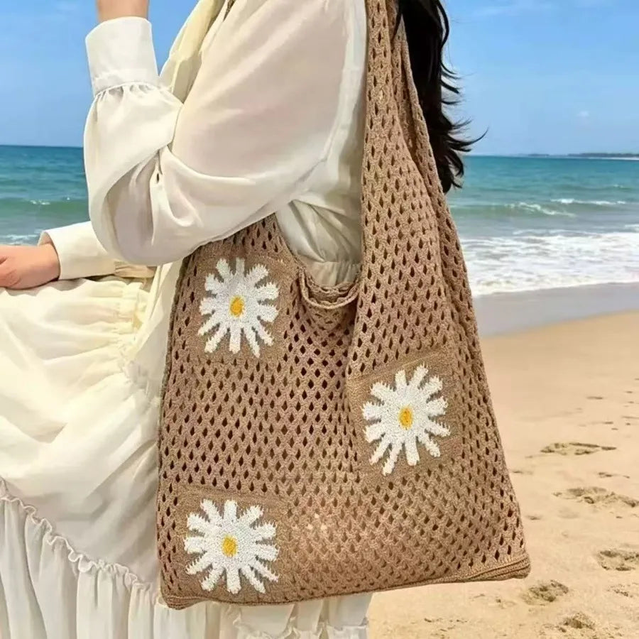 Open Knit Tote Shoulder Bag with Large Capacity Casual Design