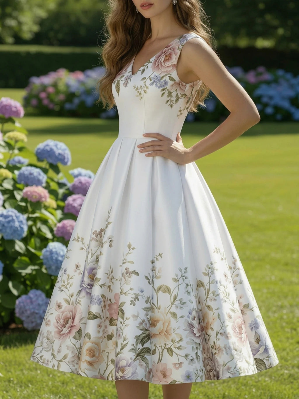 Elegant White Floral Print Swing Dress with V-Neckline and Pleated Skirt