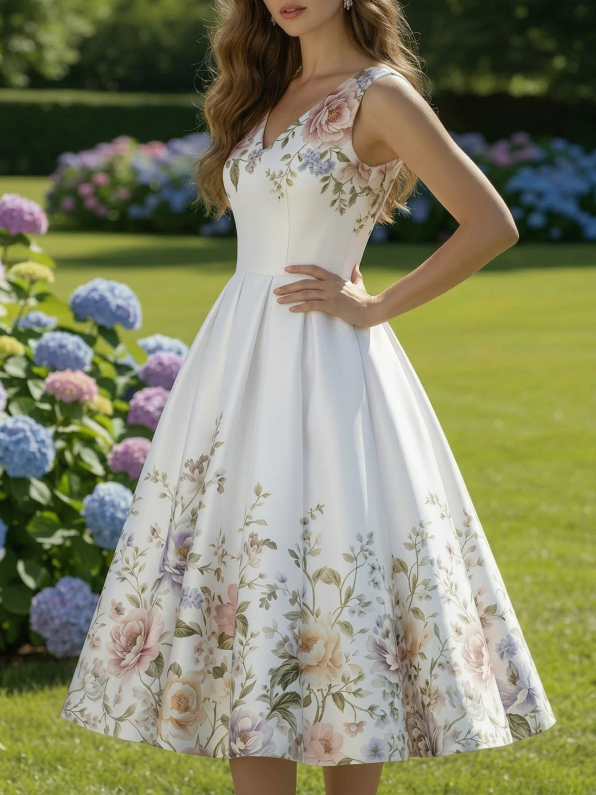 Elegant White Floral Print Swing Dress with V-Neckline and Pleated Skirt