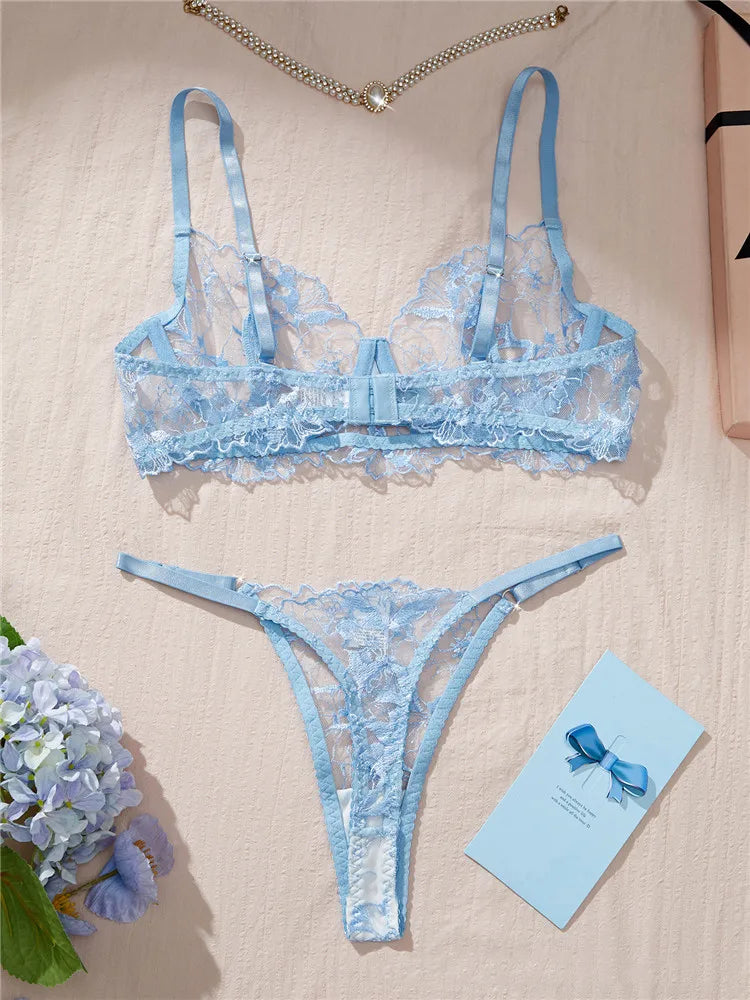 Serene Blue Sheer Mesh and Floral Embroidered Underwire Lingerie Set