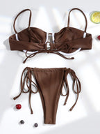 Solid Espresso Underwire Balconette Bikini Set with Sheer Wrap Skirt