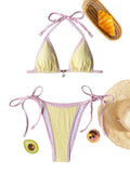 Playful Yellow Plaid Triangle Bikini with Pink Ruffle Trim