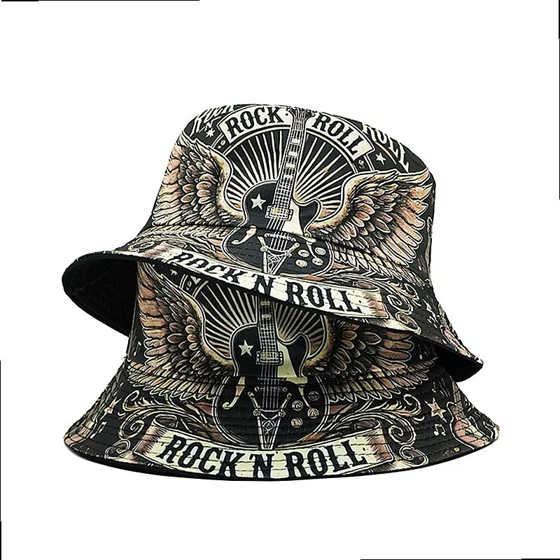 Vintage Graphic Print Bucket Hat Double Layer Casual Streetwear Fisherman Outdoor Cap