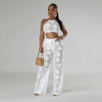 Floral Applique Crop Top and Wide Leg Pants Statement Co-Ord Set
