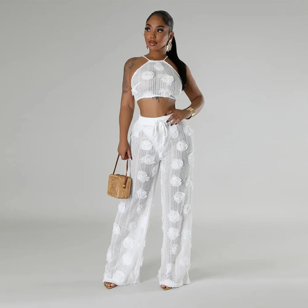 Floral Applique Crop Top and Wide Leg Pants Statement Co-Ord Set