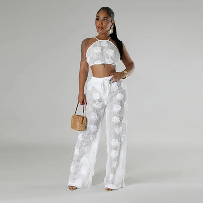 Floral Applique Crop Top and Wide Leg Pants Statement Co-Ord Set