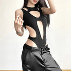 Asymmetric Cutout High Cut Bodysuit for Gothic Techwear Alternative Fashion