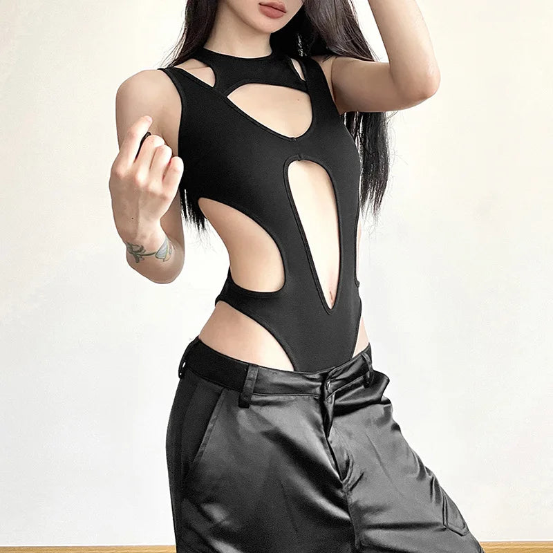 Asymmetric Cutout High Cut Bodysuit for Gothic Techwear Alternative Fashion
