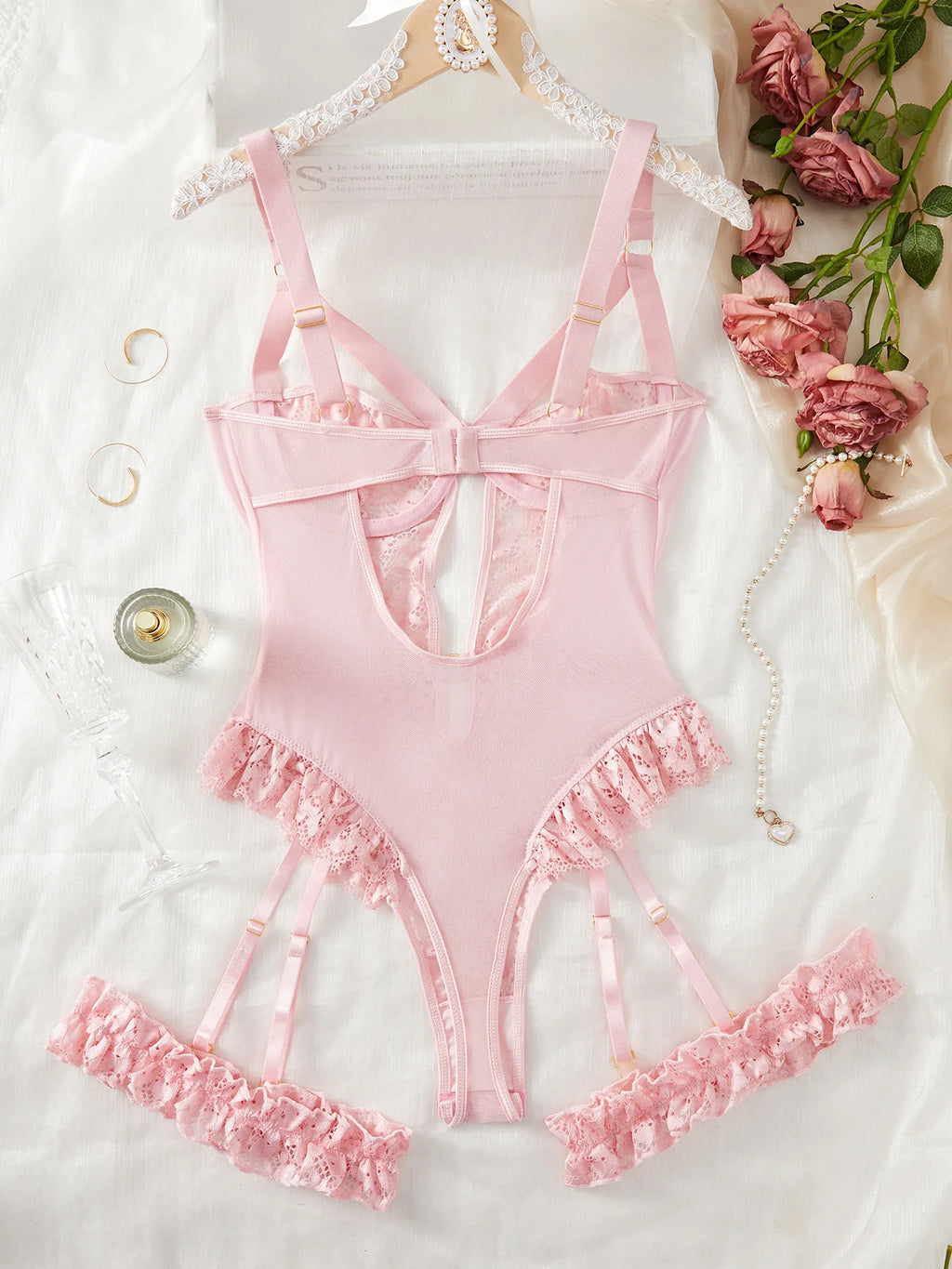 Romantic Light Pink Floral Lace Longline Garter Lingerie Set