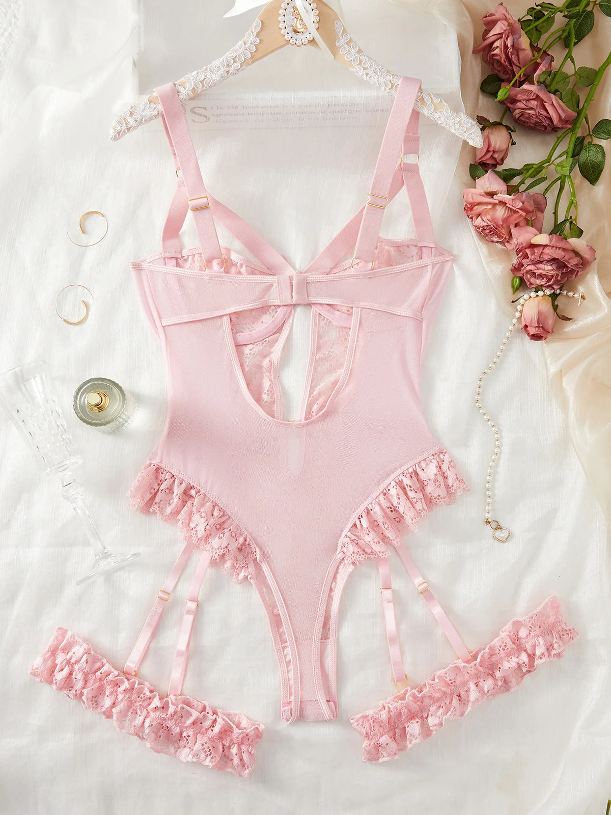 Romantic Light Pink Floral Lace Longline Garter Lingerie Set