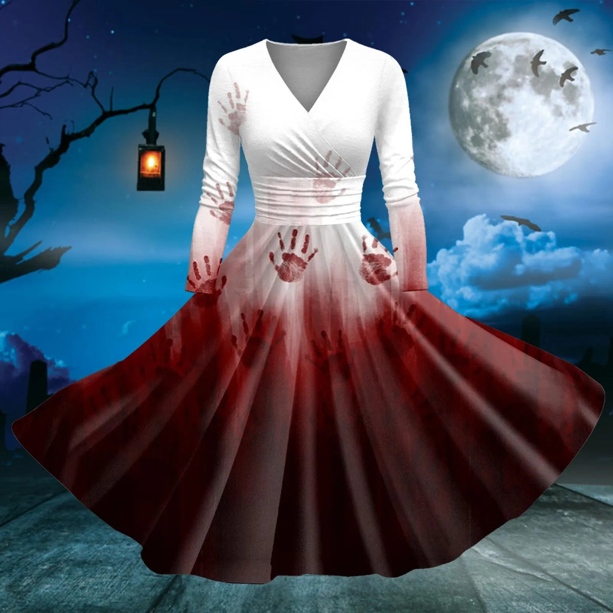 Dark Gothic Blood Print Fit and Flare Alternative Fashion Midi Dress - BigCat Streetwear