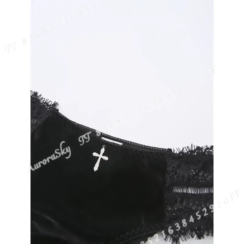 Gothic Black Lace Plunge Bralette Set with Silver Cross Pendants