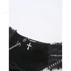 Gothic Black Lace Plunge Bralette Set with Silver Cross Pendants