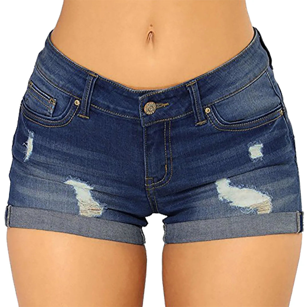 Women's High Waist Cotton Denim Shorts with Distressed Details and Classic Everyday Fit