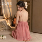 Dusty Rose Pleated Babydoll Nightdress with Satin Bow and Plunging Neckline