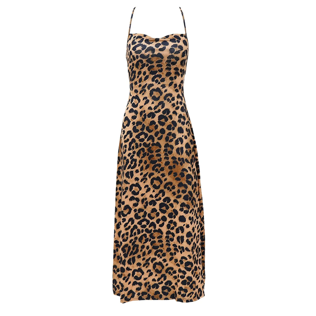 Animal Print Bodycon Maxi Slip Dress with Backless Lace-Up Streetwear Styling
