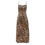 Animal Print Bodycon Maxi Slip Dress with Backless Lace-Up Streetwear Styling