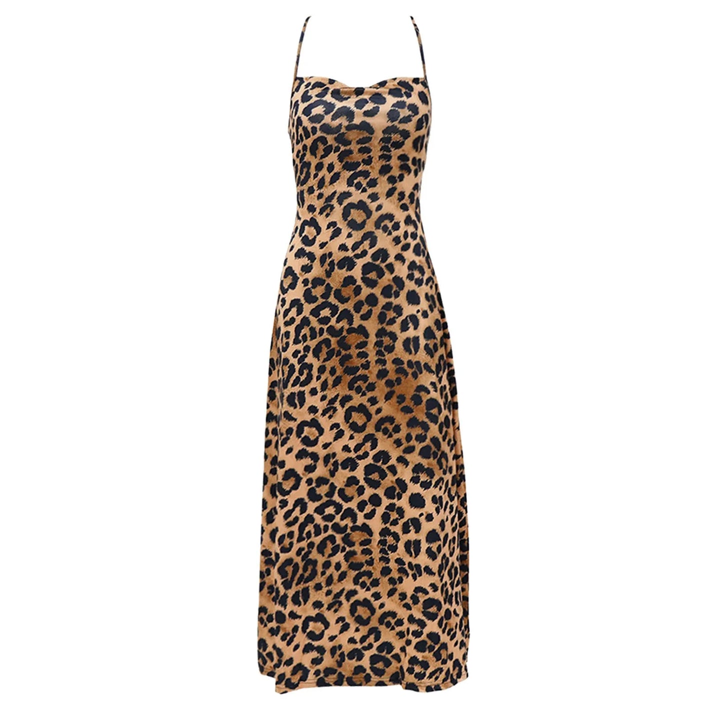 Animal Print Bodycon Maxi Slip Dress with Backless Lace-Up Streetwear Styling