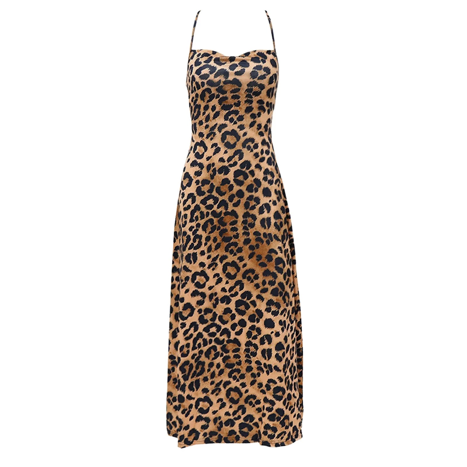 Animal Print Bodycon Maxi Slip Dress with Backless Lace-Up Streetwear Styling