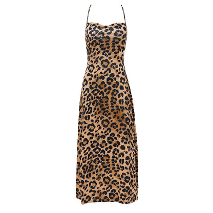 Animal Print Bodycon Maxi Slip Dress with Backless Lace-Up Streetwear Styling