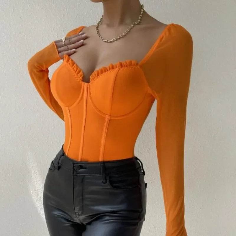 Sheer Mesh Long Sleeve V Neck Bodysuit for Gothic Alternative Styling