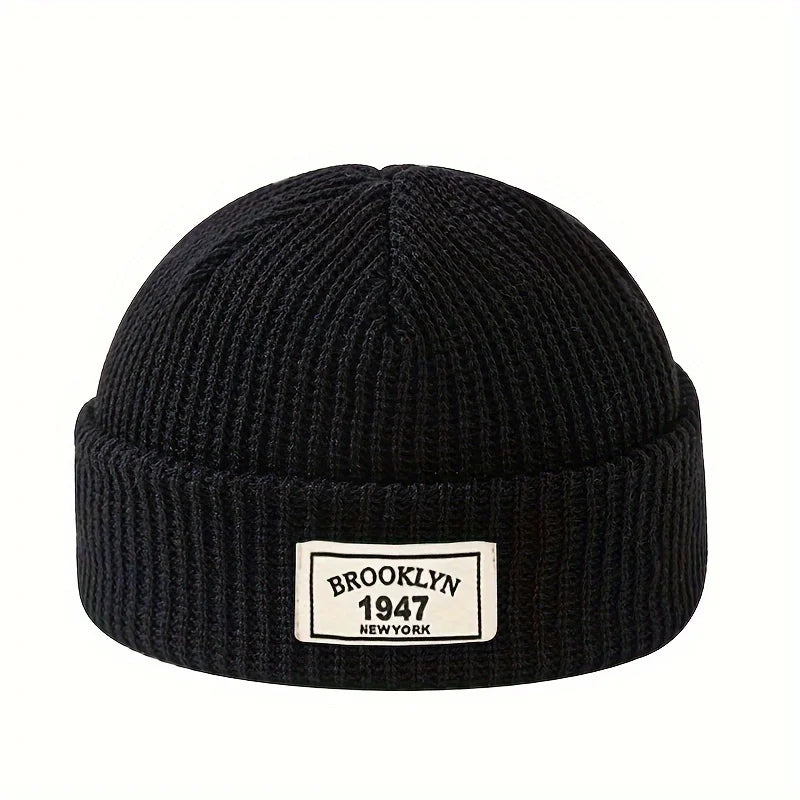 Ribbed Polyester Cuffed Knit Beanie with Woven Patch for Everyday Winter Streetwear Style