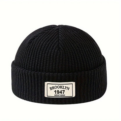 Ribbed Polyester Cuffed Knit Beanie with Woven Patch for Everyday Winter Streetwear Style