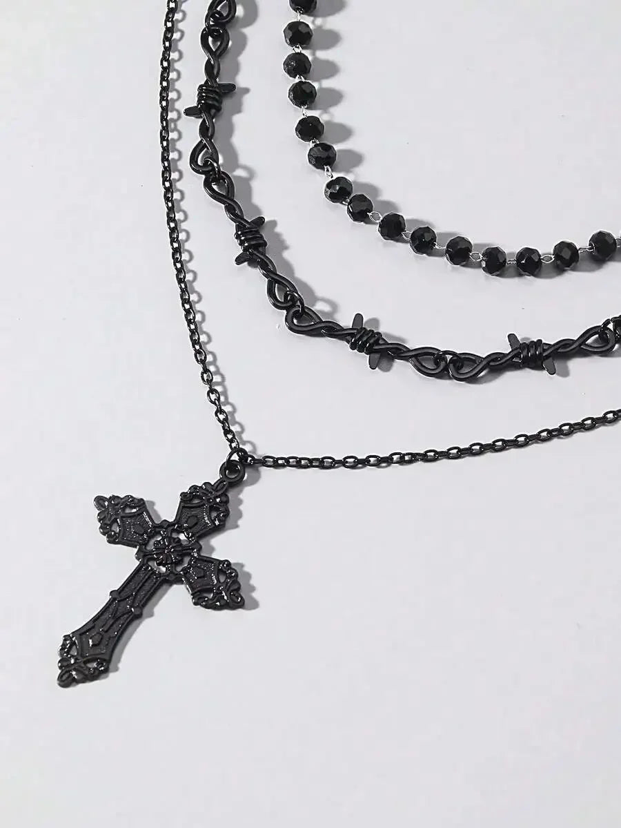 Layered Cross Pendant Necklace Set for Gothic Punk and Alternative Streetwear Fashion Styling