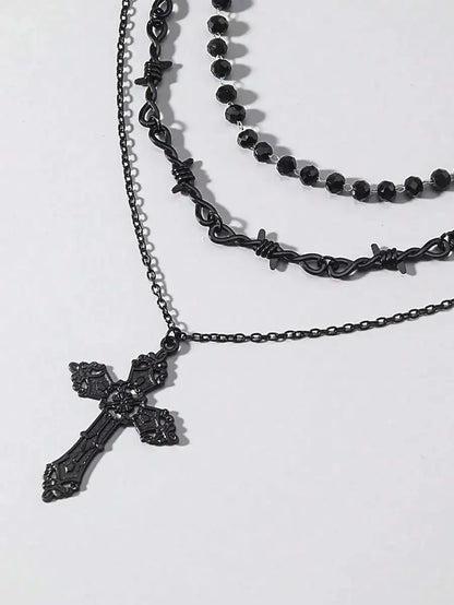 Layered Cross Pendant Necklace Set for Gothic Punk and Alternative Streetwear Fashion Styling