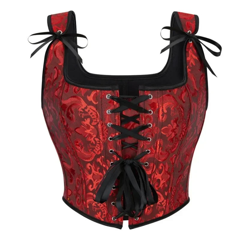 Printed Lace-Up Corset Top with Structured Boning and Adjustable Shoulder Ties