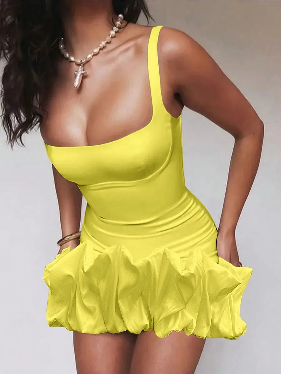 Square Neck Ruched Mini Dress With Ruffle Hem And Flared Silhouette