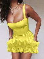 Square Neck Ruched Mini Dress With Ruffle Hem And Flared Silhouette
