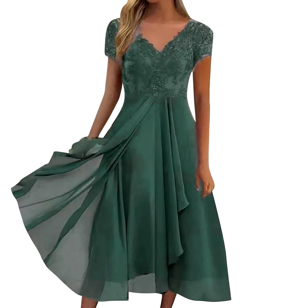 V-Neck Lace Detail Chiffon Maxi Dress with Short Sleeves and A-Line Fit