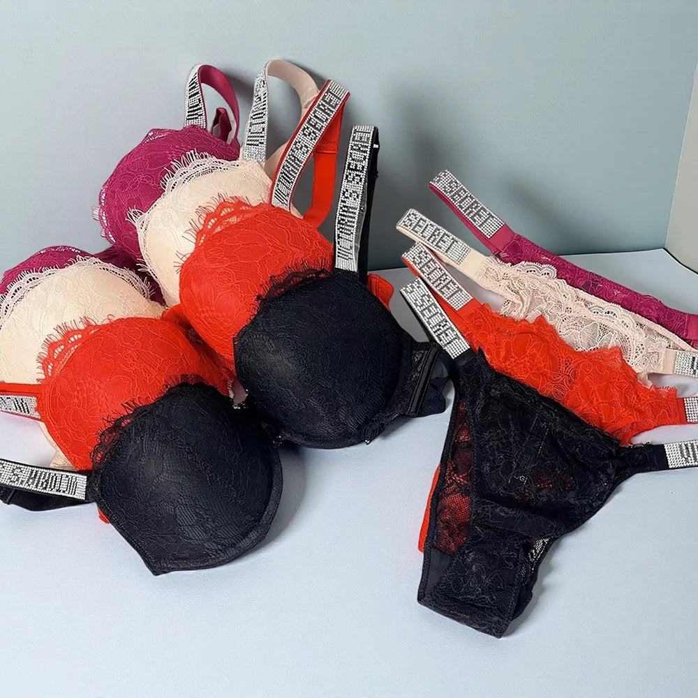 Vibrant Crimson Contour Bra and Thong Set with Crystal-Embellished Straps