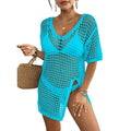 White Open-Knit Crochet Beach Cover-Up Dress with Short Sleeves, Hollow-Out Detailing and Relaxed Mini Tunic Silhouette