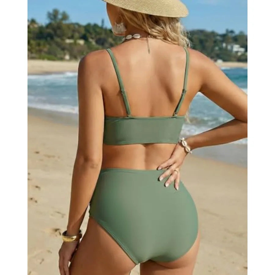 Women's High-Waisted Twist-Front Bikini Set with Ruched Detailing, Spaghetti Straps and Two-Piece Swimwear Silhouette