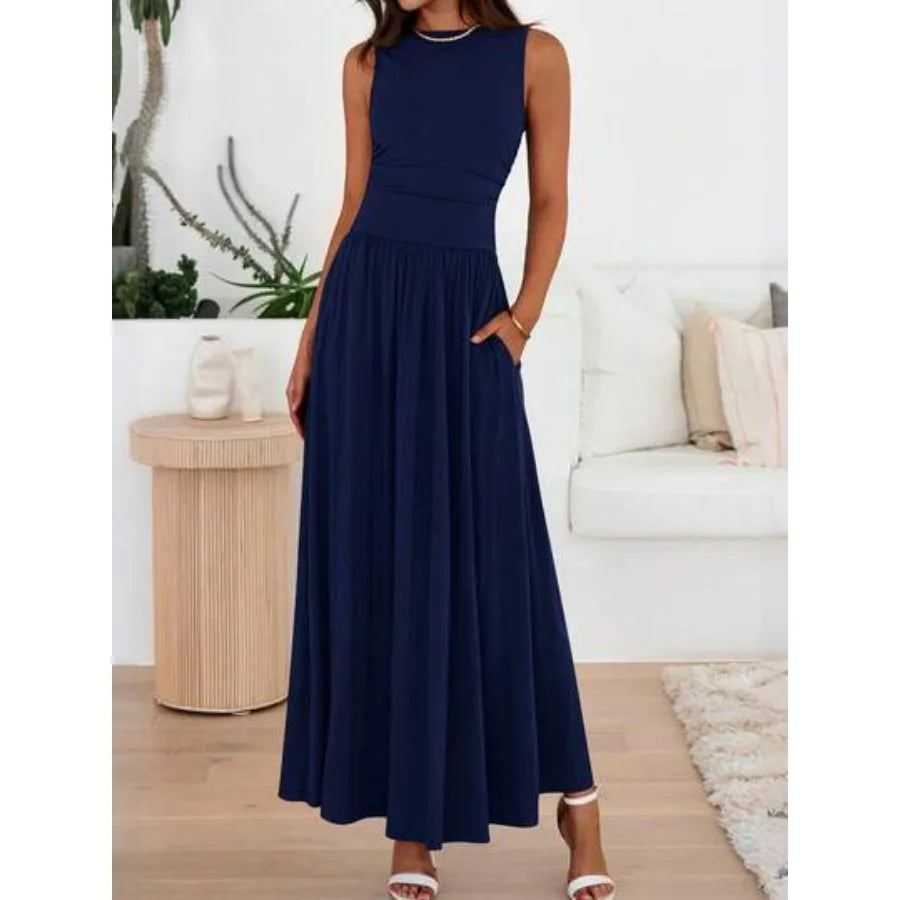 Sleeveless High Waist Maxi Dress with Ruched Panels and Functional Pockets